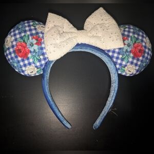 Blue Floral Gingham Mouse Ear Headband with Cream Lace Bow